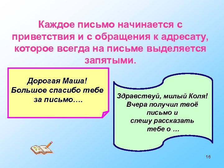 Каждое письмо начинается с приветствия и с обращения к адресату, которое всегда на письме