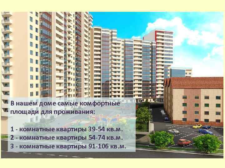 В нашем доме самые комфортные площади для проживания: 1 - комнатные квартиры 39 -54