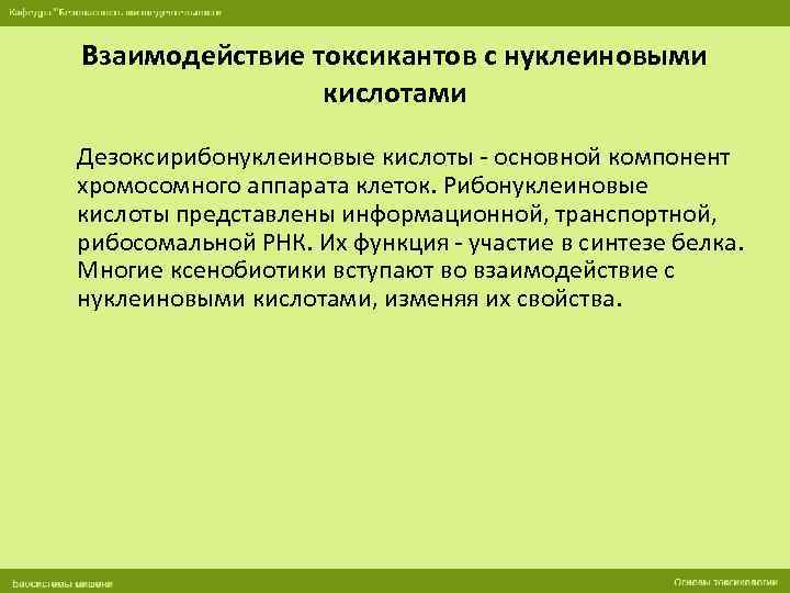 Взаимодействие токсикантов с нуклеиновыми кислотами Дезоксирибонуклеиновые кислоты - основной компонент хромосомного аппарата клеток. Рибонуклеиновые