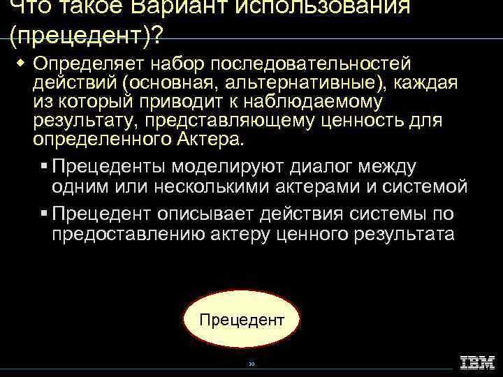 Что такое Вариант использования (прецедент)? w Определяет набор последовательностей действий (основная, альтернативные), каждая из