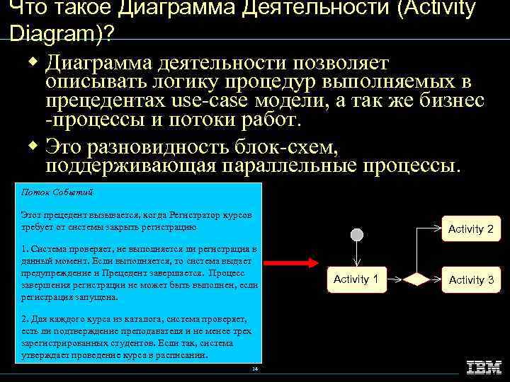 Что такое Диаграмма Деятельности (Activity Diagram)? w Диаграмма деятельности позволяет описывать логику процедур выполняемых