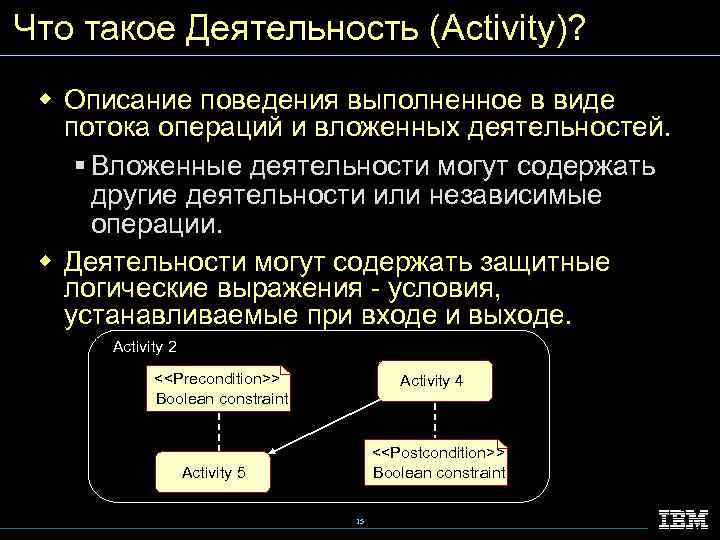 Что такое Деятельность (Activity)? w Описание поведения выполненное в виде потока операций и вложенных