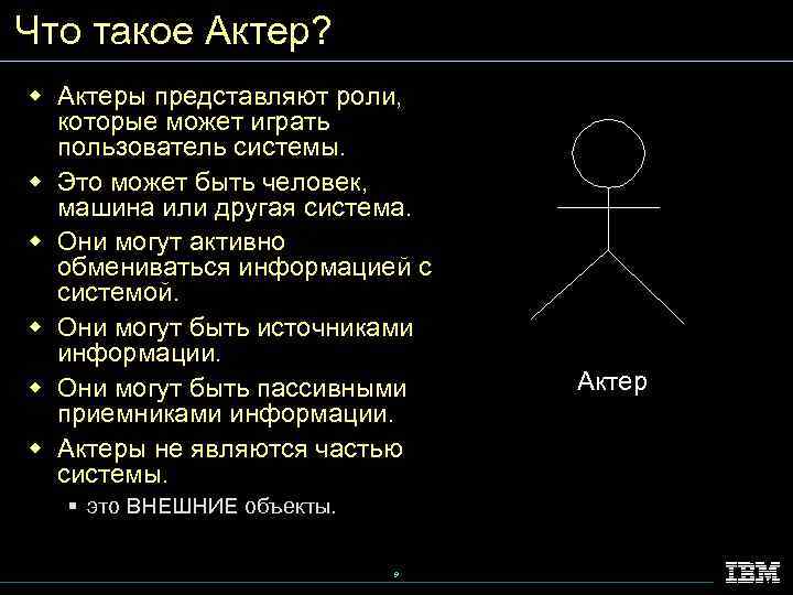 Что такое Актер? w Актеры представляют роли, которые может играть пользователь системы. w Это