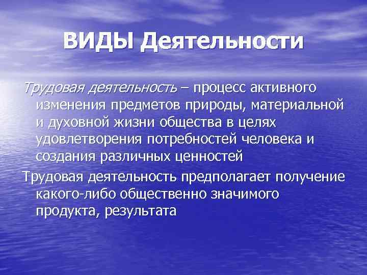 ВИДЫ Деятельности Трудовая деятельность – процесс активного изменения предметов природы, материальной и духовной жизни