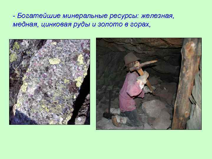 - Богатейшие минеральные ресурсы: железная, медная, цинковая руды и золото в горах, 