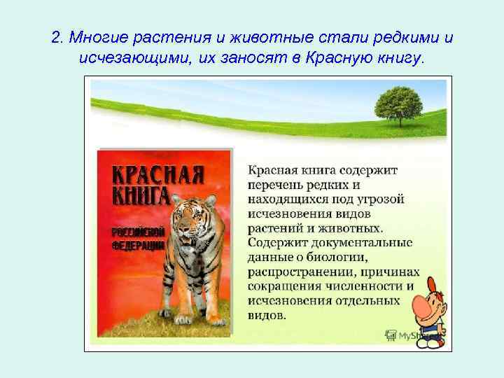 2. Многие растения и животные стали редкими и исчезающими, их заносят в Красную книгу.
