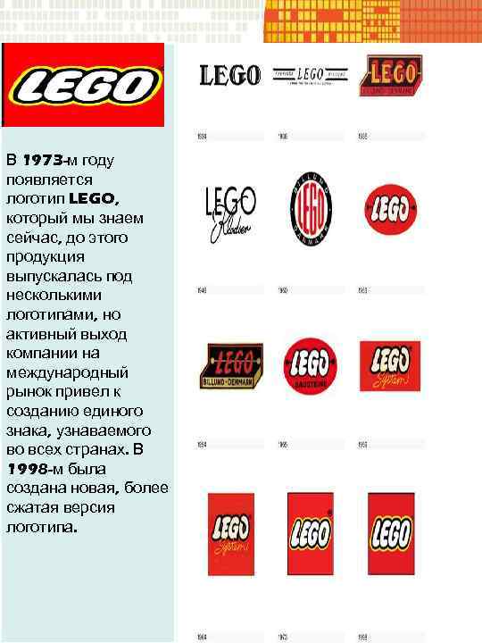 В 1973 -м году появляется логотип LEGO, который мы знаем сейчас, до этого продукция