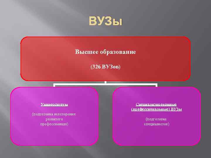 ВУЗы Высшее образование (326 ВУЗов) Университеты (подготовка всесторонне развитого профессионала) Специализированные (профессиональные) ВУЗы (подготовка