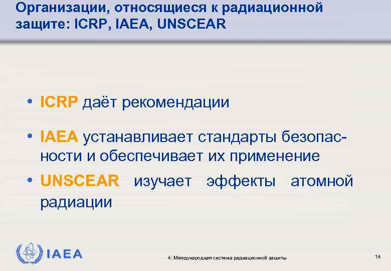 Организации, относящиеся к радиационной защите: ICRP, IAEA, UNSCEAR • ICRP даёт рекомендации • IAEA