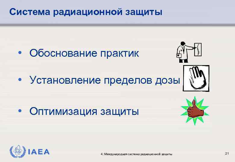 Система радиационной защиты • Обоснование практик • Установление пределов дозы • Оптимизация защиты IAEA