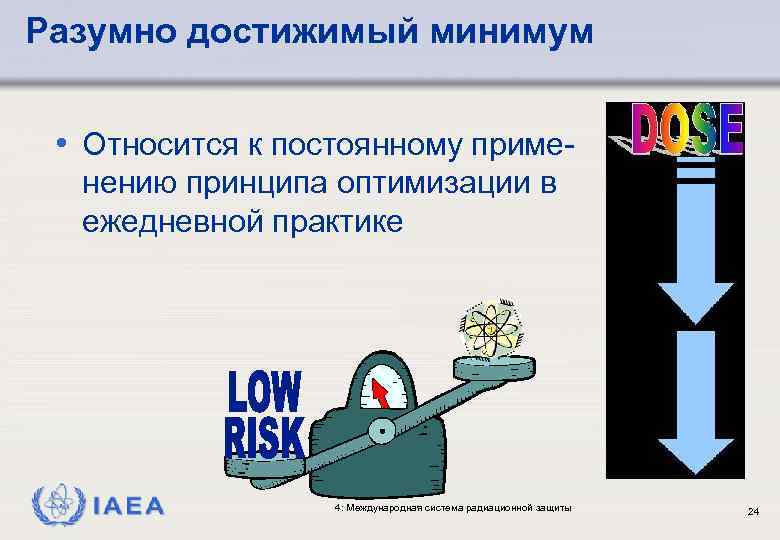 Разумно достижимый минимум • Относится к постоянному применению принципа оптимизации в ежедневной практике IAEA