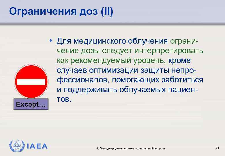 Ограничения доз (II) • Для медицинского облучения ограни- Except… IAEA чение дозы следует интерпретировать