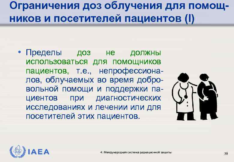 Ограничения доз облучения для помощников и посетителей пациентов (I) • Пределы доз не должны
