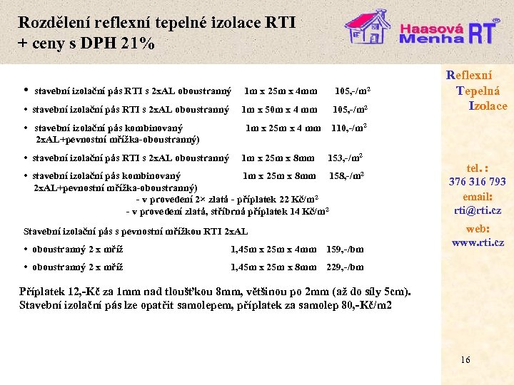 Rozdělení reflexní tepelné izolace RTI + ceny s DPH 21% • stavební izolační pás