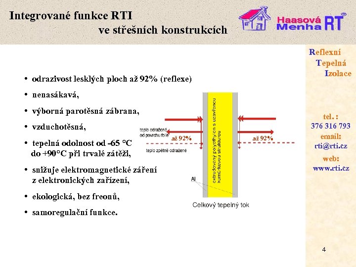 Integrované funkce RTI ve střešních konstrukcích Reflexní Tepelná Izolace • odrazivost lesklých ploch až