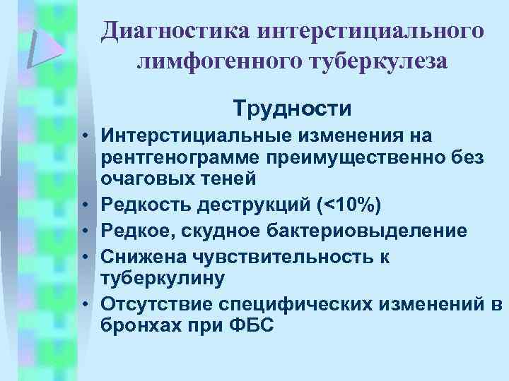 Диагностика интерстициального лимфогенного туберкулеза Трудности • Интерстициальные изменения на рентгенограмме преимущественно без очаговых теней