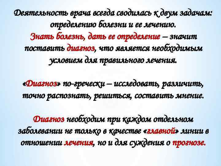 Деятельность врача всегда сводилась к двум задачам: определению болезни и ее лечению. Знать болезнь,