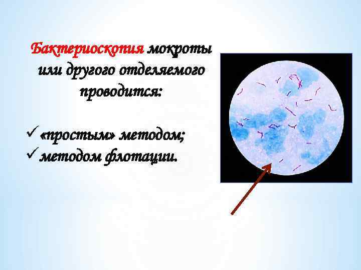 Бактериоскопия мокроты или другого отделяемого проводится: ü «простым» методом; üметодом флотации. 