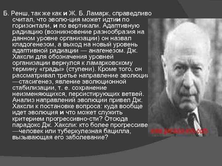 Б. Ренш, так же как и Ж. Б. Ламарк, справедливо считал, что эволю ция