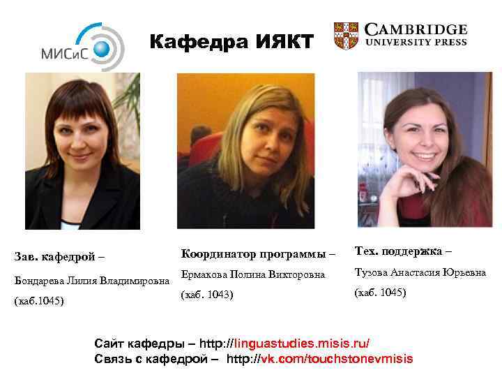 Кафедра ИЯКТ Бондарева Лилия Владимировна (каб. 1045) Координатор программы – Тех. поддержка – Ермакова