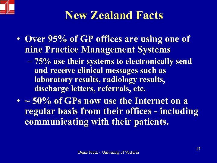 New Zealand Facts • Over 95% of GP offices are using one of nine