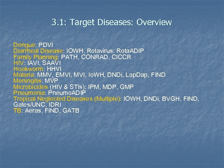 3. 1: Target Diseases: Overview Dengue: PDVI Diarrheal Disease: IOWH, Rotavirus: Rota. ADIP Family