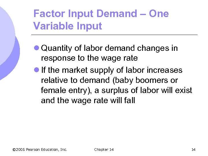 Factor Input Demand – One Variable Input l Quantity of labor demand changes in