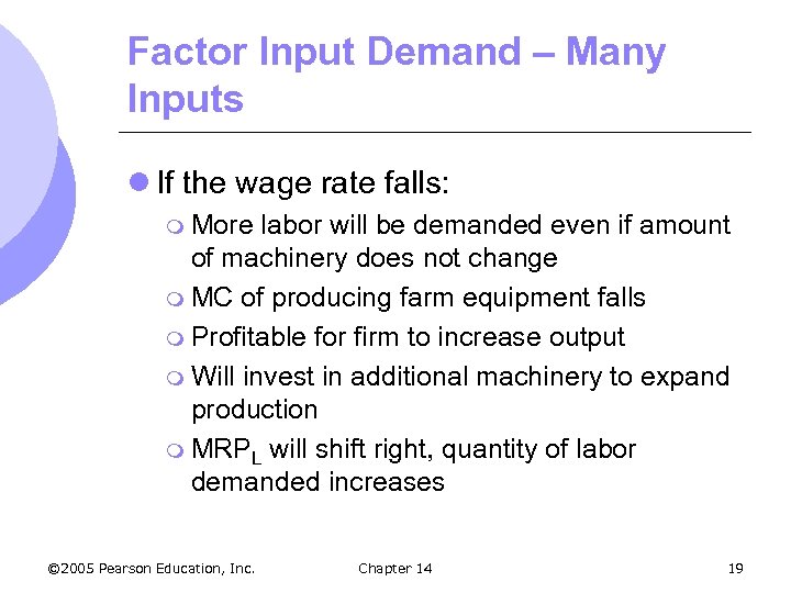 Factor Input Demand – Many Inputs l If the wage rate falls: m More