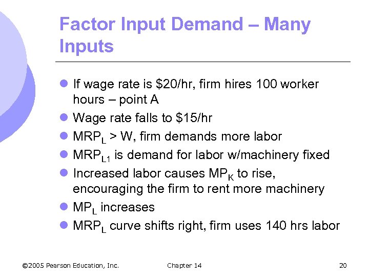 Factor Input Demand – Many Inputs l If wage rate is $20/hr, firm hires