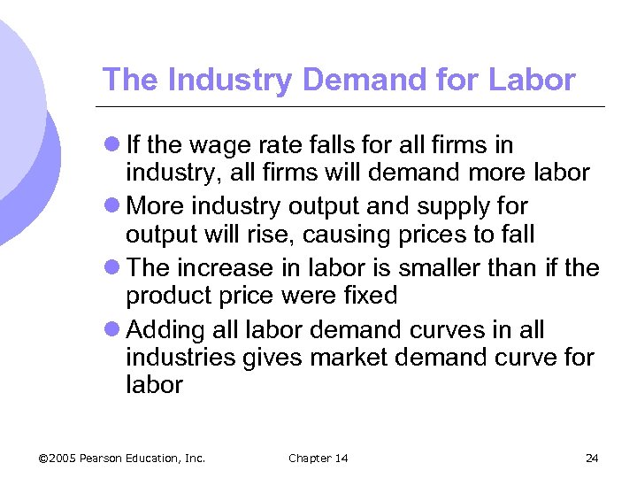 The Industry Demand for Labor l If the wage rate falls for all firms