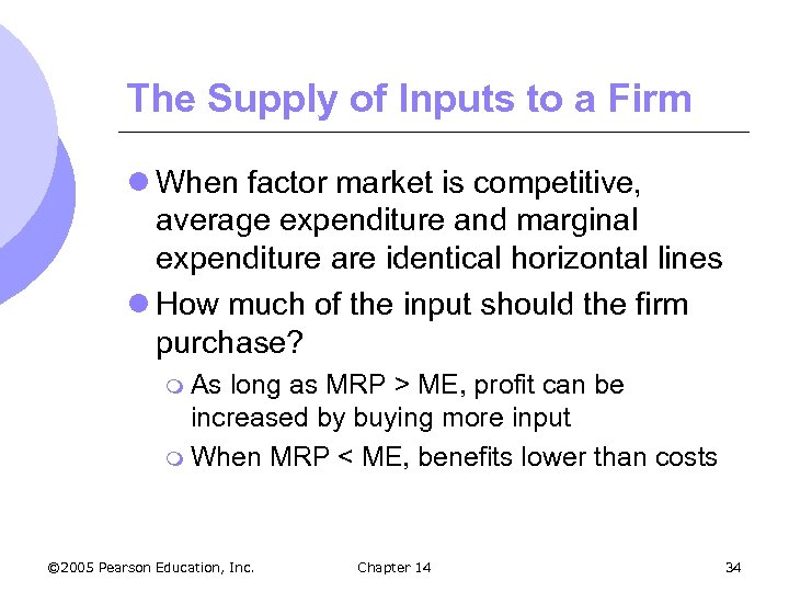 The Supply of Inputs to a Firm l When factor market is competitive, average