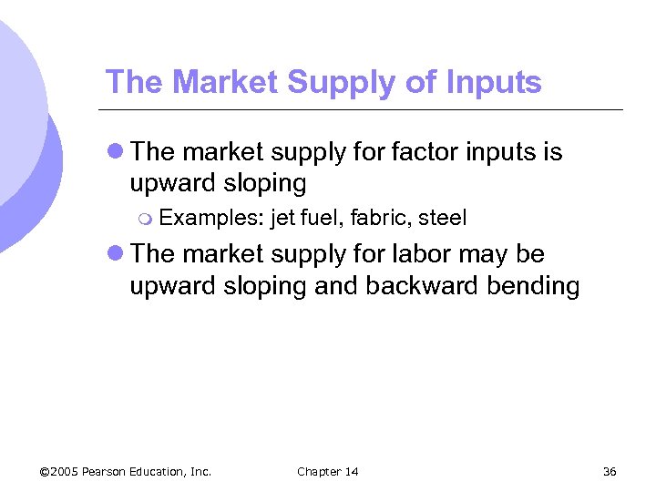 The Market Supply of Inputs l The market supply for factor inputs is upward