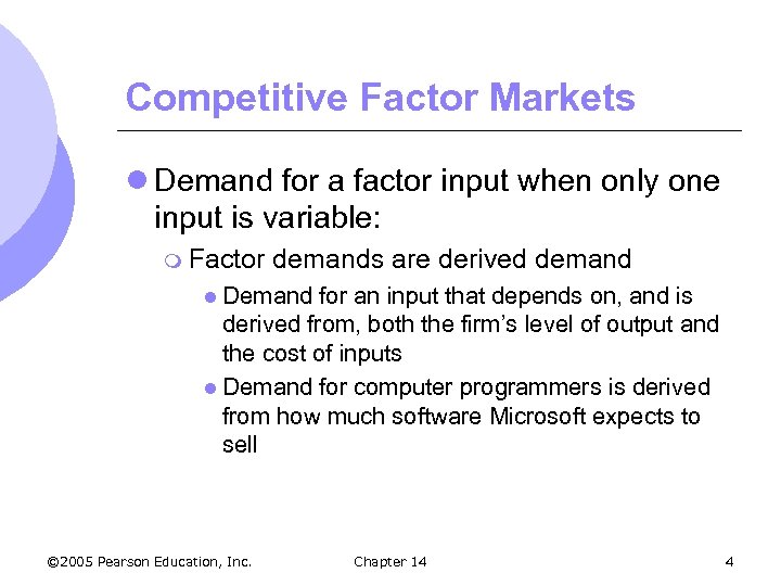 Competitive Factor Markets l Demand for a factor input when only one input is