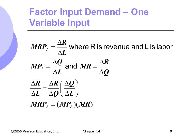 Factor Input Demand – One Variable Input © 2005 Pearson Education, Inc. Chapter 14