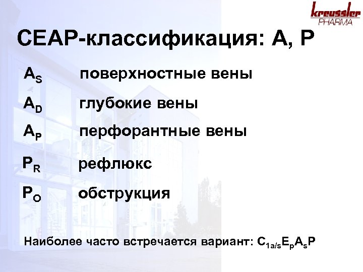 CEAP-классификация: A, P AS поверхностные вены AD глубокие вены AP перфорантные вены PR рефлюкс