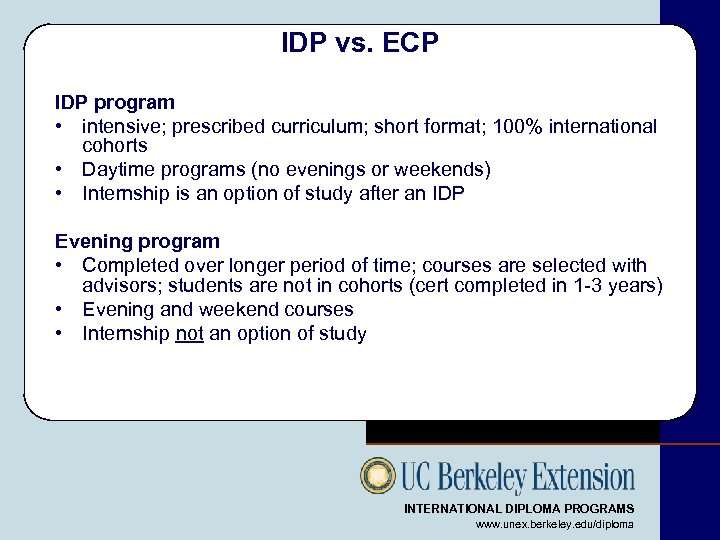 IDP vs. ECP IDP program • intensive; prescribed curriculum; short format; 100% international cohorts