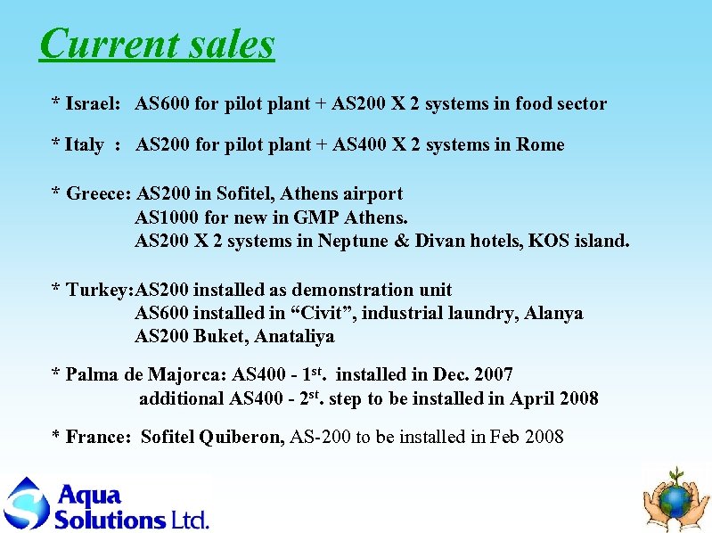 Current sales * Israel: AS 600 for pilot plant + AS 200 X 2