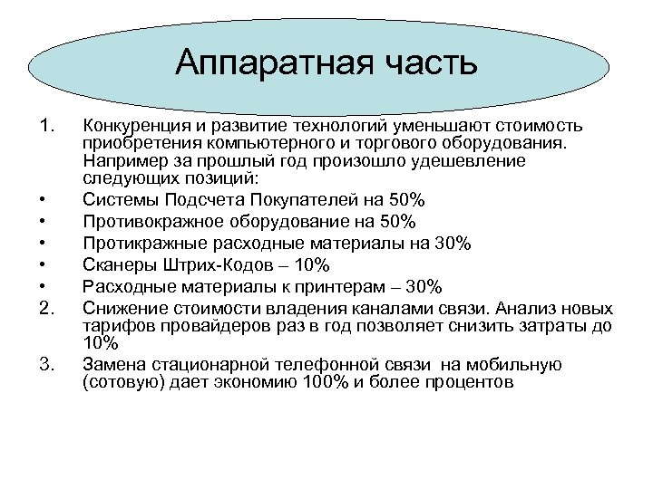 Аппаратная часть 1. • • • 2. 3. Конкуренция и развитие технологий уменьшают стоимость