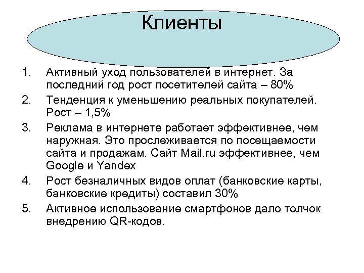 Клиенты 1. 2. 3. 4. 5. Активный уход пользователей в интернет. За последний год