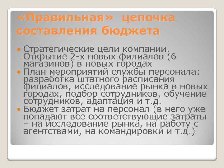  «Правильная» цепочка составления бюджета Стратегические цели компании. Открытие 2 -х новых филиалов (6