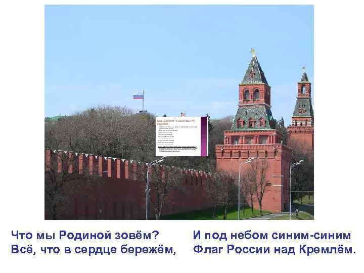 Что мы Родиной зовём? Всё, что в сердце бережём, И под небом синим-синим Флаг
