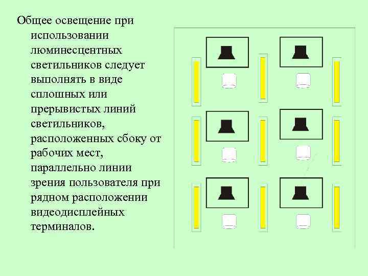 Общее освещение при использовании люминесцентных светильников следует выполнять в виде сплошных или прерывистых линий