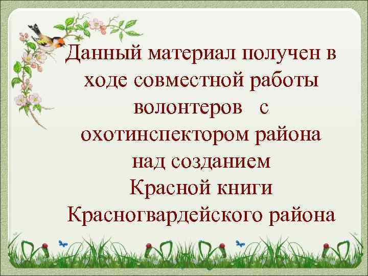 Данный материал получен в ходе совместной работы волонтеров с охотинспектором района над созданием Красной