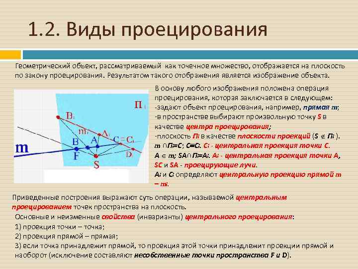 1. 2. Виды проецирования Геометрический объект, рассматриваемый как точечное множество, отображается на плоскость по