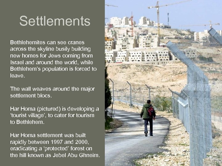 Settlements Bethlehemites can see cranes across the skyline busily building new homes for Jews