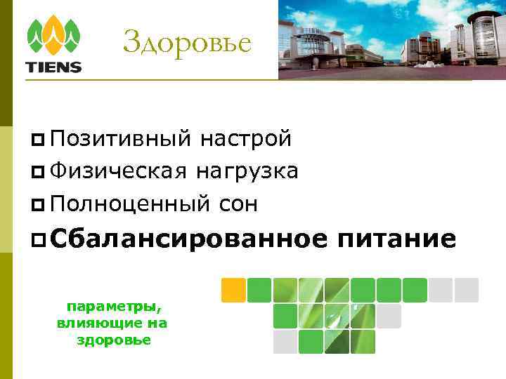 Здоровье Позитивный настрой Физическая нагрузка Полноценный сон Сбалансированное параметры, влияющие на здоровье питание 