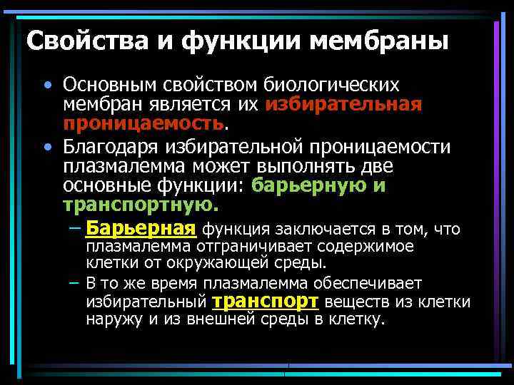 Свойства и функции мембраны • Основным свойством биологических мембран является их избирательная проницаемость. •