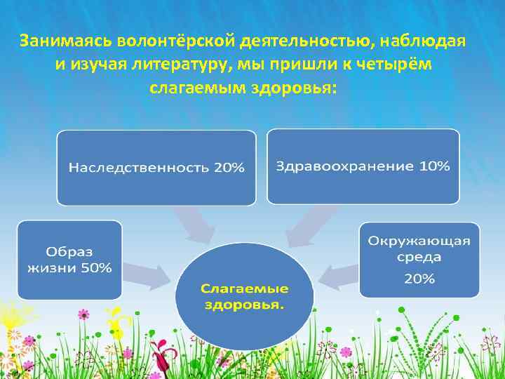 Занимаясь волонтёрской деятельностью, наблюдая и изучая литературу, мы пришли к четырём слагаемым здоровья: 