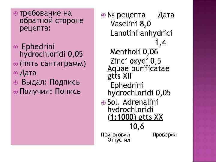  требование на обратной стороне рецепта: Ephedrini hydrochloridi 0, 05 (пять сантиграмм) Дата Выдал: