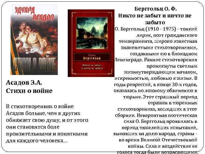 Берггольц О. Ф. Никто не забыт и ничто не забыто Асадов Э. А. Стихи